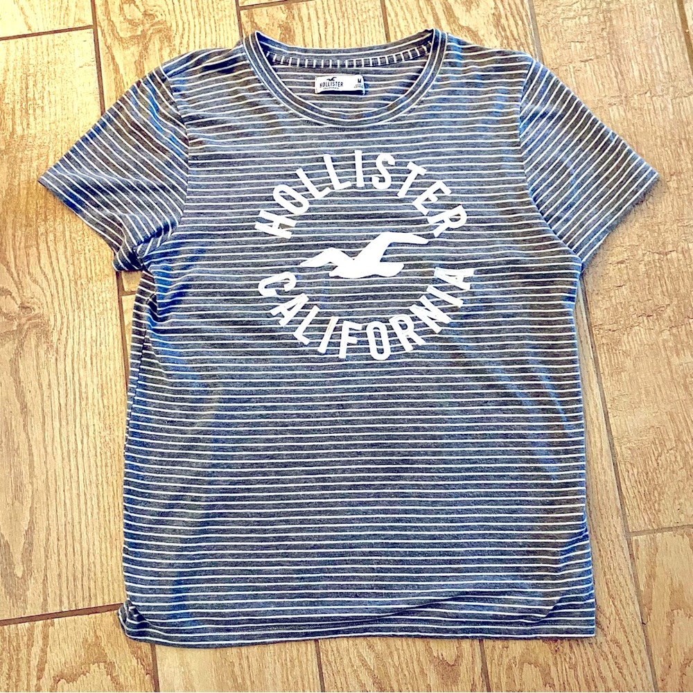 Hollister California gray white strip short sleeve T shirt size medium - Picture 1 of 4